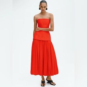 H&M STUDIO COLLECTION 2026 BRIGHT RED HOURGLASS BANDEAU EVENING DRESS